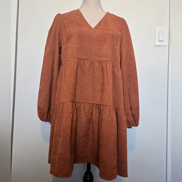 NWT Medium Cupshe Burnt Orange Brown Bernadette V-Neck Tiered Mini Dress - Picture 3 of 9